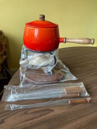 Mcm Vintage Descoware Orange Fondue Pot Tray,  Forks & Wood Tray