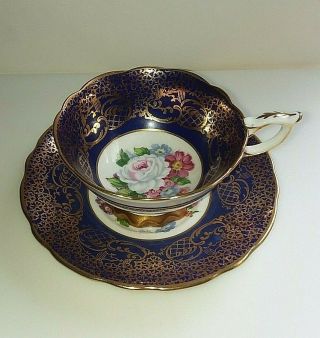 Royal Stafford Empress Blue Hand Painted Rose Gold Gilt Filigree Cup & Saucer 1