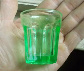 Early Green Vaseline Glass 1860s Paneled Whiskey Shot Glass 6 Sided Real Pretty