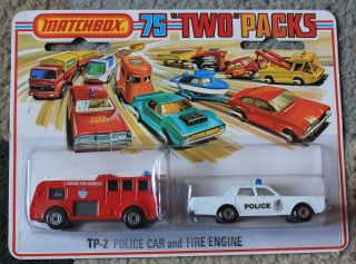 Matchbox Two Packs Diecast Tp - 2 Police Car & Fire Engine Blister Vintage Lesney