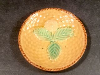 Antique Majolica Flower & Leaves On Basketweave Butter Pat C.  1800’s