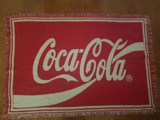 Coca Cola Coke Fringed Tassle Knitted Throw Blanket 65” X 45”