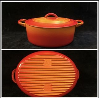 Vintage Le Creuset France Oval Dutch Oven 2 Qt Flame Orange Ribbed Bottom