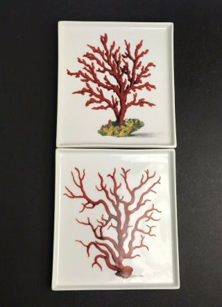 Fabienne Jouvin Paris Porcelain Coin Tray Plate Red Coral Motif Art Set Of 2