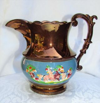 Large Antique Victorian Copper Luster Pitcher Circa 1830 Lusterware