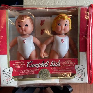 Vintage 5 " Campbell Soup Kids Collector Dolls 1995 Boy Girl.  Campbell Bus.