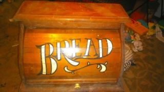 Vintage Wood Roll Top Bread Box White Lettering