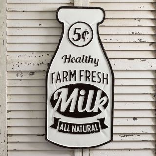 Farm Fresh Milk Bottle 5¢ Embossed Metal Sign 31.  5 " X 15 " Farmhouse Kitchen