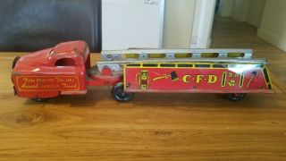Antique " C.  F.  D " Red Fire Truck No.  1143 Aerial Ladder Truck