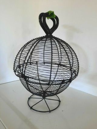 Vintage Egg Basket French Country Kitchen Woven Wire Black Globe With Lid