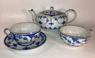 Vintage Blue & White Porcelain Tea Pot Made In Japan With Cup & Saucer