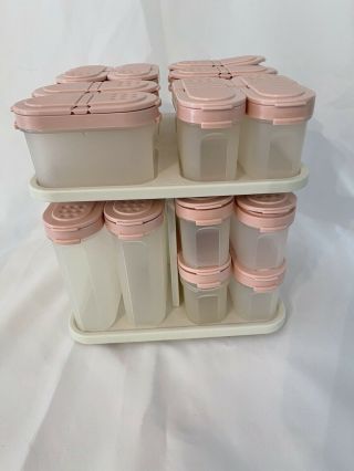 Tupperware Spice Rack Carousel & 21 Containers—pink Lids.  Ships.