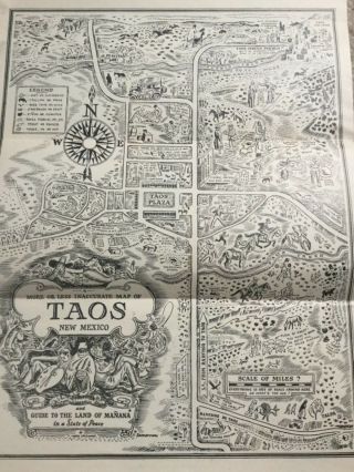 Ca 1930s Taos Mexico Travel Brochure W 8.  5” 11” Illustrated Map Of Taos