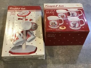 1990 Campbell’s Soup Kids 4 Mugs & 1991 Campbell’s Soup Mug Tree Nib