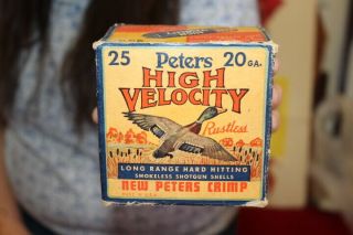 Vintage Peters High Velocity 20 Ga.  Shotgun Shell Box Duck Hunting Gas Oil Sign