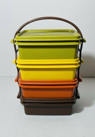 Vintage Tupperware Square Harvest Color Sandwich Keeper/lid Picnic Set