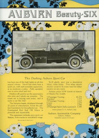 1922 Vintage Auburn Beauty - Six 2 - Sided Color Ad Brochure Auburn In