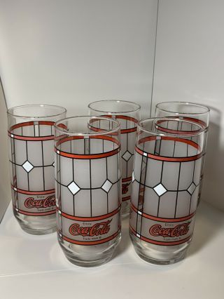 Vintage Tiffany Style Frosted Stain Glass Coke Glasses,  Set Of 5,
