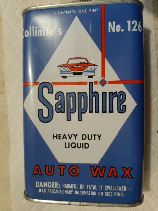 Nos Full Vintage Sapphire Automobile Auto Car Wax Tin Can Utica Ny Great Graphic