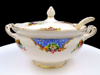 English Porcelain Floral And Fruit Motif 8 " Mini Tureen And Ladle