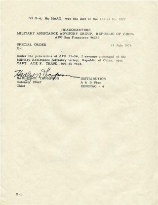 Rare Historical Letter Col.  Thompson Assumes Command As Chief,  Maag,  Roc Rare