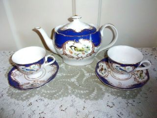 Grace Tea Ware Blue And White Song Bird Tea For 2 - Teapot,  2 Cups And 2 Saucers