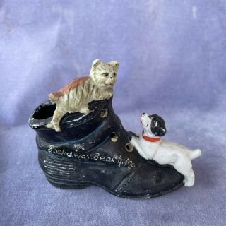 Vintage Rockaway Beach Missouri Souvenir Bisque Dog Cat Shoe Antique Figurine