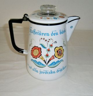 Vintage Enamelware Berggren Trayner Swedish Flower 6 Cup Coffee Pot