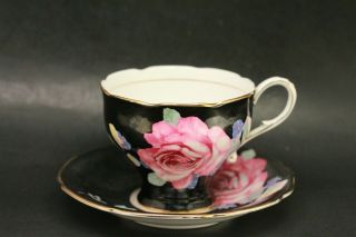 Vintage Paragon Black And Pink Flower Fine Bone China Teacup And Saucer