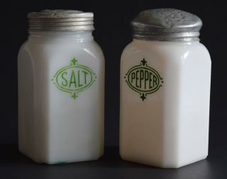 2 Hazel Atlas Green Shield White Milk Glass Salt Pepper Shakers