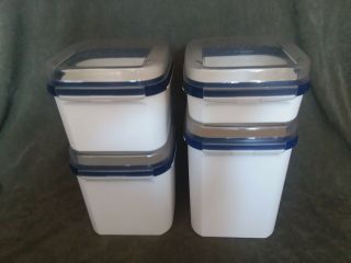 Tupperware Modular Mates 1 - 4 Square White Containers W/ 2204 Blue Hinged Lids