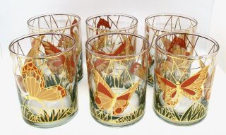 6 Rare Vintage Mid Century Culver Ltd.  Butterfly Old Fashioned Glasses 22k Gold