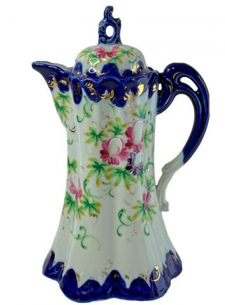 Vintage Porcelain Colbalt Blue Floral Chocolate Coffee Tea Pot Gold Gilt