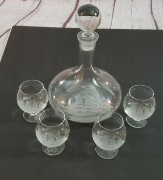 Vintage Tuscany Etched Decanter Clipper Ship With 4 Brandy Snifter Set