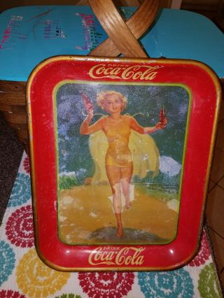 Rare 1937 Pretty Bathing Suit Girl Running On The Beach Coca Cola Tray