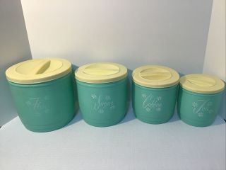 Vintage Teal Stanley Canister Set Of 4 Plastic Flour Sugar Coffee Tea 50 - 60 