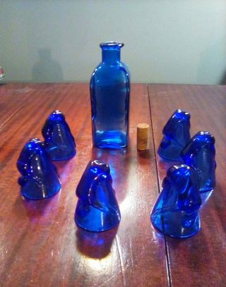 Cobalt Blue Glass Decanter & 6 Nude Woman Bottoms Up Shot Glasses Great Deal