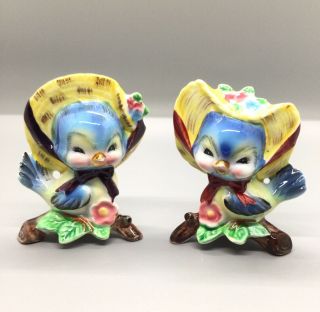 Vintage Py Japan Anthropomorphic Bluebirds In Bonnets Salt And Pepper Shakers