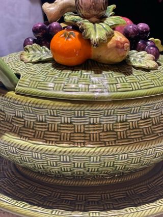 Vintage Soup Tureen With Ladle Hand Made And Hand Paint Basket Weave 3d