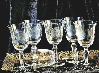 Fabulous Art Deco Hand Etched Crystal Wine Glasses Set Of 6 England C 1930 