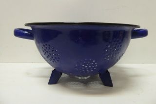 Vintage Blue Enamel Collander Strainer Bowl Footed Base