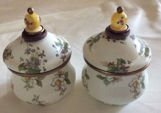 Set 2 Mackenzie - Childs Off White Enamel Roses Soup With Lid 3”