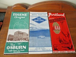 3 Brochures - 2 Portland Oregon Gray Line - Multnomah Hotel & 1 Eugene Foldouts