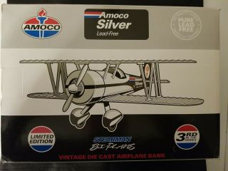 Vtg 1993 Spec Cast Amoco Silver Airplane Bank 3 Stearman Bi - Plane Die - Cast Nib