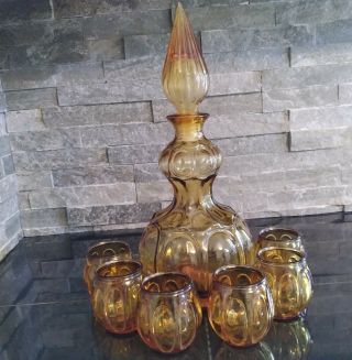 Vintage Empoli Amber Glass Decanter Genie Bottle Corset Style W/ 6 Glasses Wow