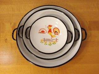 Vintage Swedish Scandinavian Berggren Enamelware Rooster 3 Piece Dish Set Rare