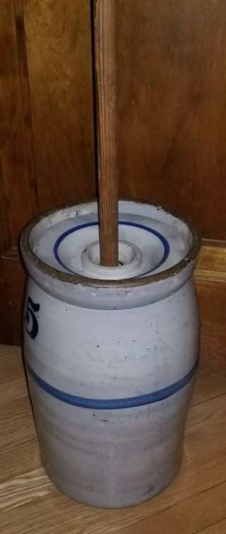Antique 5 Gallon Butter Churn Crock With Blue Stripe 3