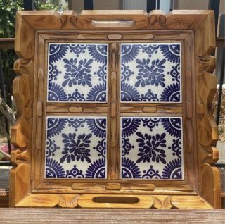 Vintage Hand Carved Wood Mexican Blue White Tile Tray Serving Handles