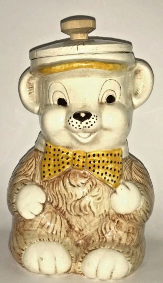 Vintage Treasure Craft Teddy Bear Ceramic Cookie Jar Wood Knob Canister Adorable