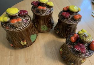 Vintage 60 - 70s Ceramic Mushroom Tree Stump Canister Cookie 4 Jar Set Handpainted